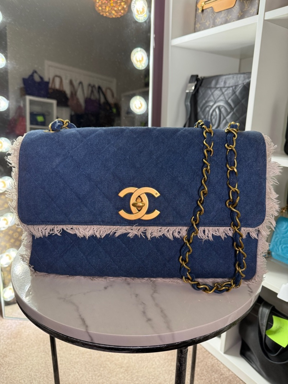CHANEL Navy Denim Frayed Edge Chain Shoulder Bag